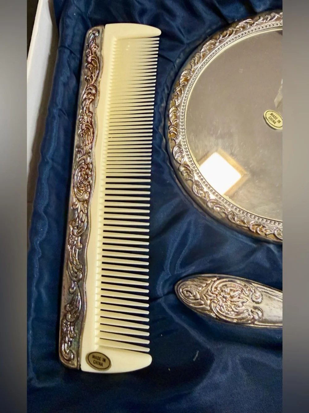 VTG 1987 Godinger Silver Plated 3pc Dresser Vanity Set Mirror Brush Comb Box